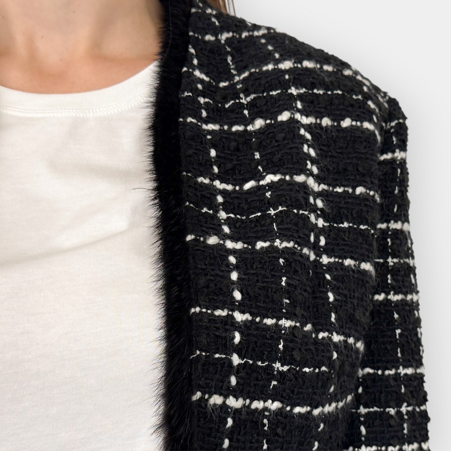 Basler Black White Tweed Bouclé Fur Trim Tailored Jacket ~ AU10