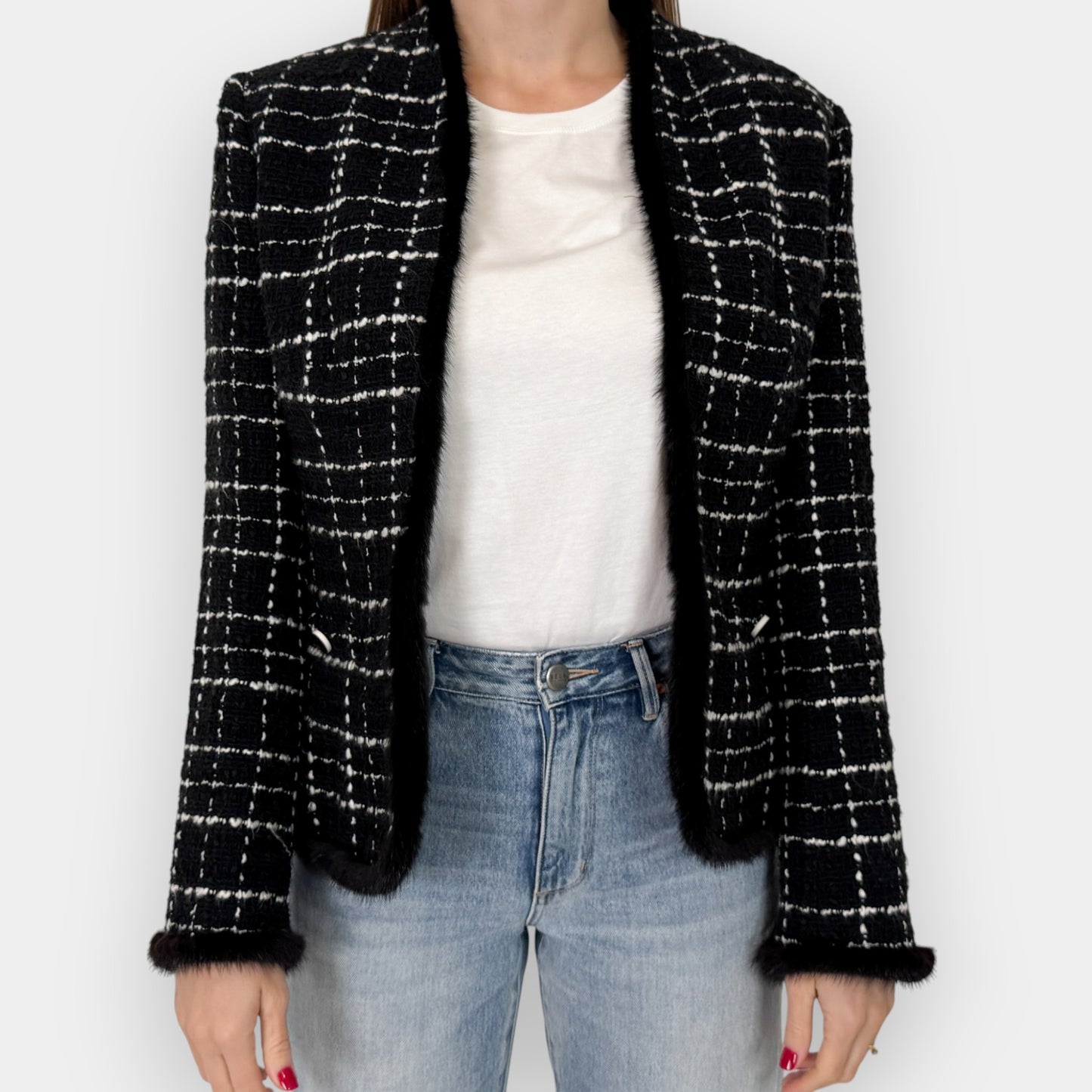 Basler Black White Tweed Bouclé Fur Trim Tailored Jacket ~ AU10