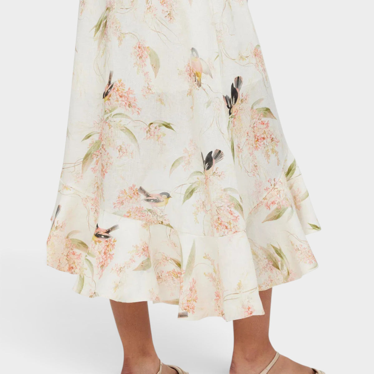 Zimmermann Coral Bird Print Linen Wrap Frill Midi Dress Size 1 ~ AU8