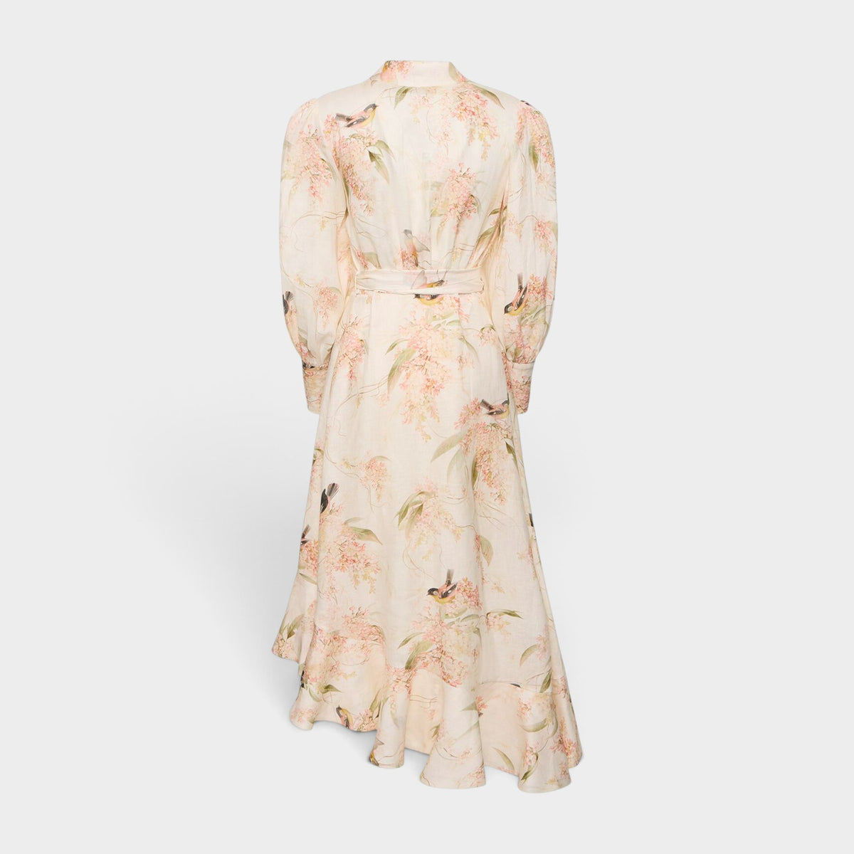 Zimmermann Coral Bird Print Linen Wrap Frill Midi Dress Size 1 ~ AU8