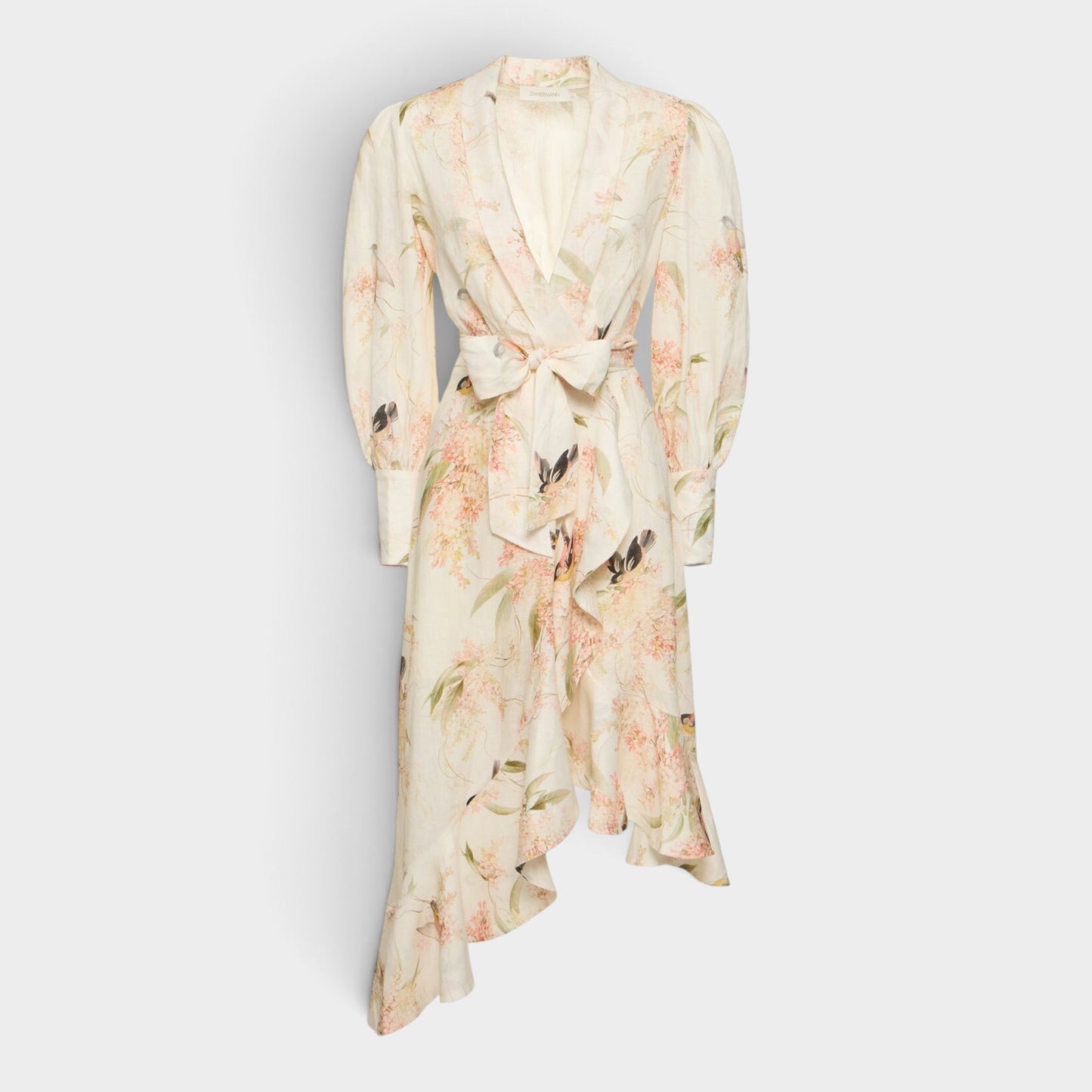Zimmermann Coral Bird Print Linen Wrap Frill Midi Dress Size 1 ~ AU8