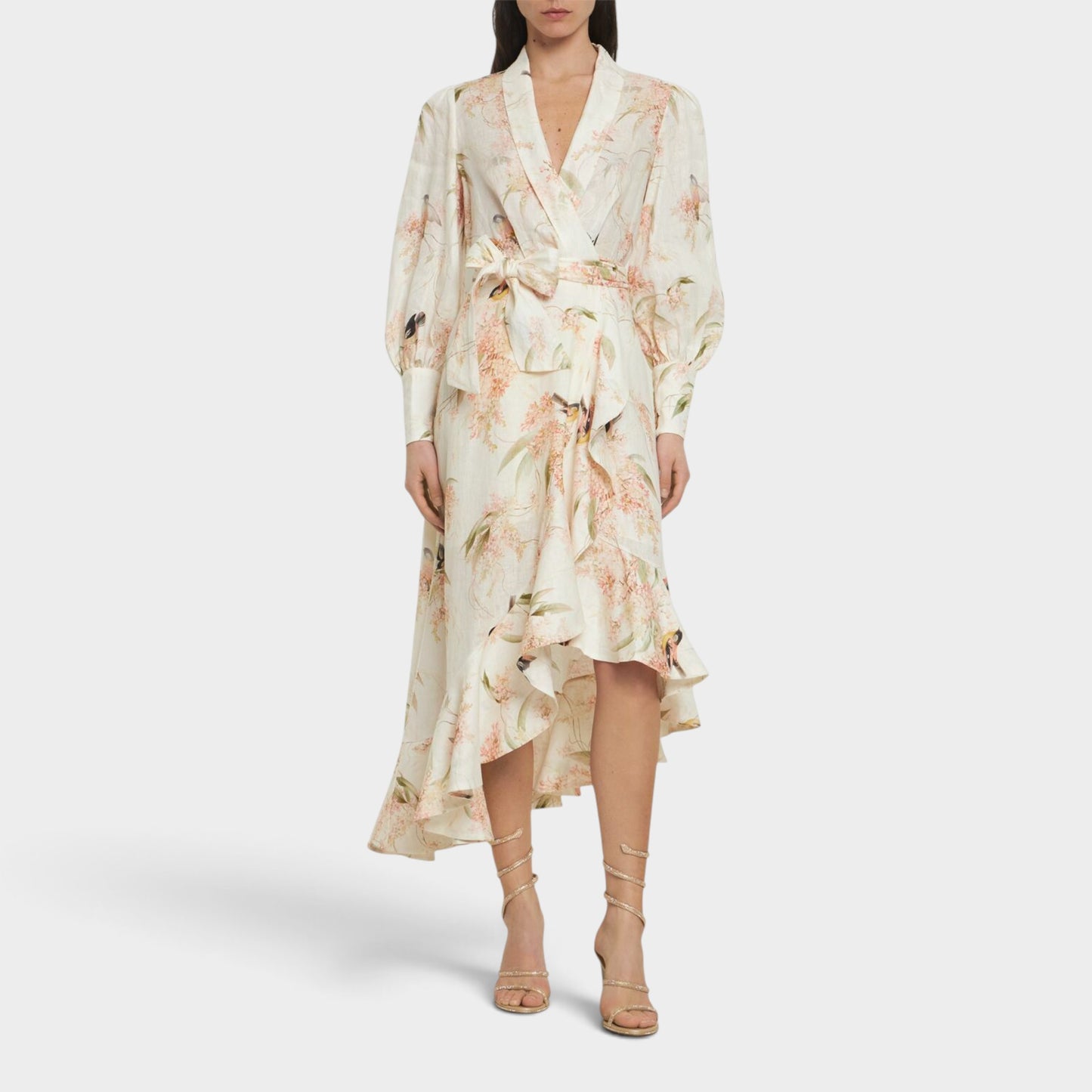 Zimmermann Coral Bird Print Linen Wrap Frill Midi Dress Size 1 ~ AU8