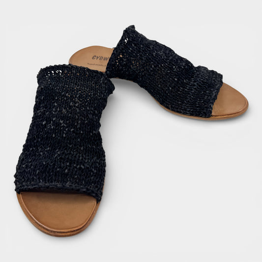 CYDWOQ Black Vintage Knit Leather Mule Sandals EU40 ~ AU9