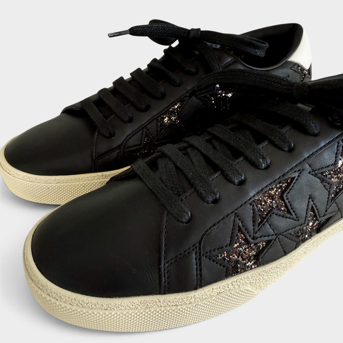 Saint Laurent Court Classic Black Leather Glitter Star Sneakers EU40 ~ AU9