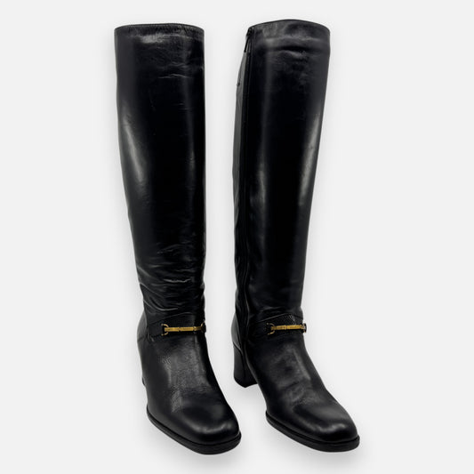 Bally Vintage Black Leather Heeled Knee High Boots EU37 ~ AU6