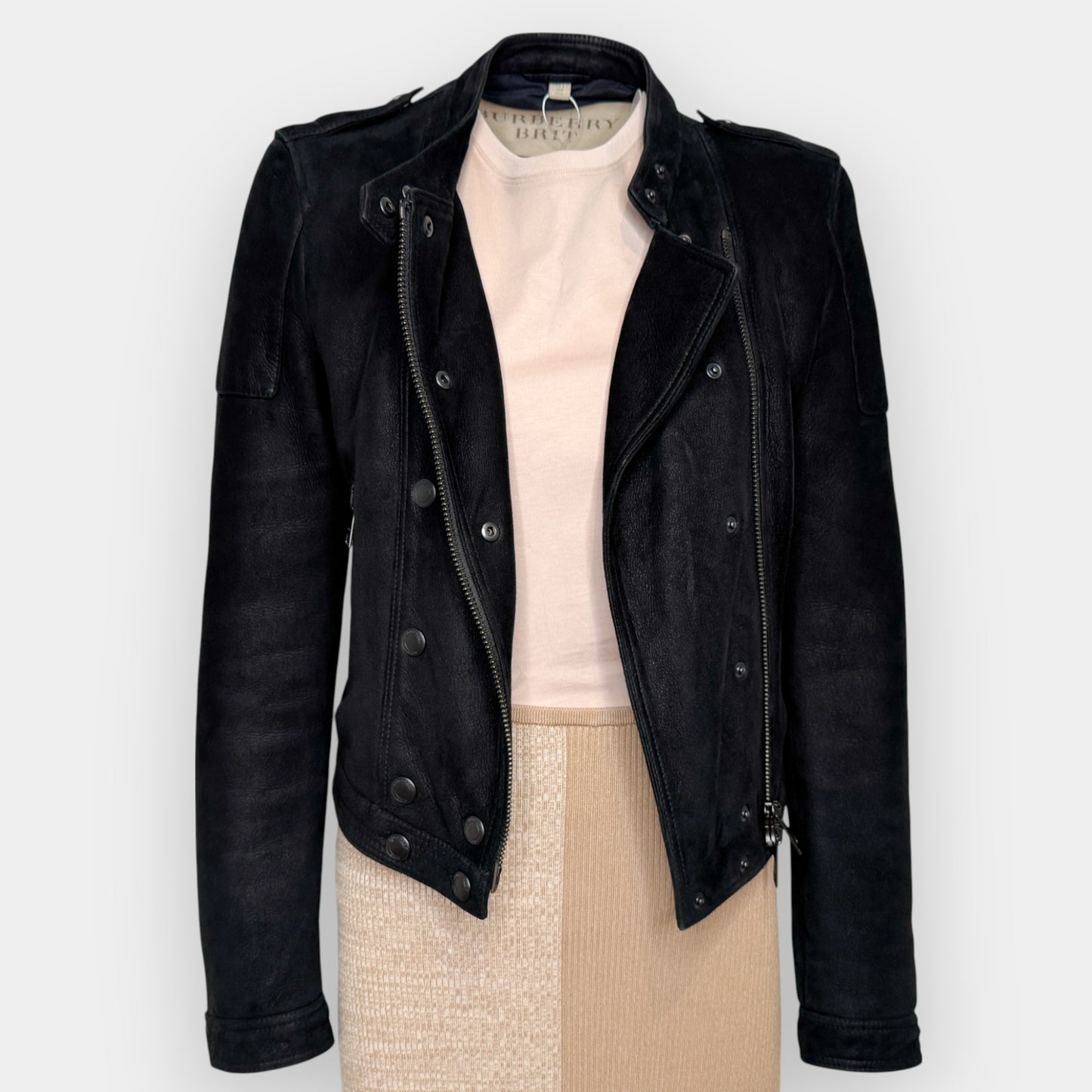 Burberry Brit Black Suede Shearling Biker Moto Jacket AU10 ~ Medium