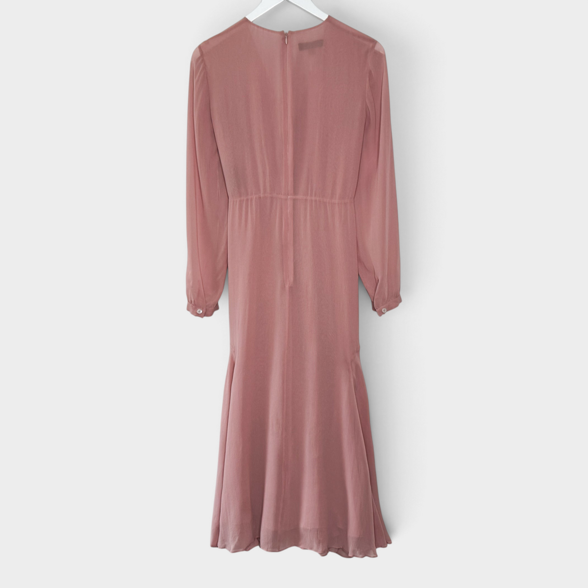 Studio61 Preloved Boutique Sydney dusky pink silk midi dress with long sleeves and a back zipper closure