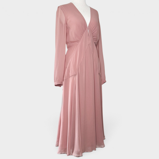 Studio61 Preloved Boutique Sydney dusky pink silk midi dress with long sleeves, v-neckline, and keyhole detail.