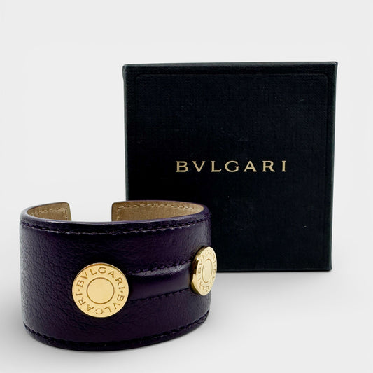 Bvlgari Italy Purple Leather & Goldtone Brass Cuff Bracelet