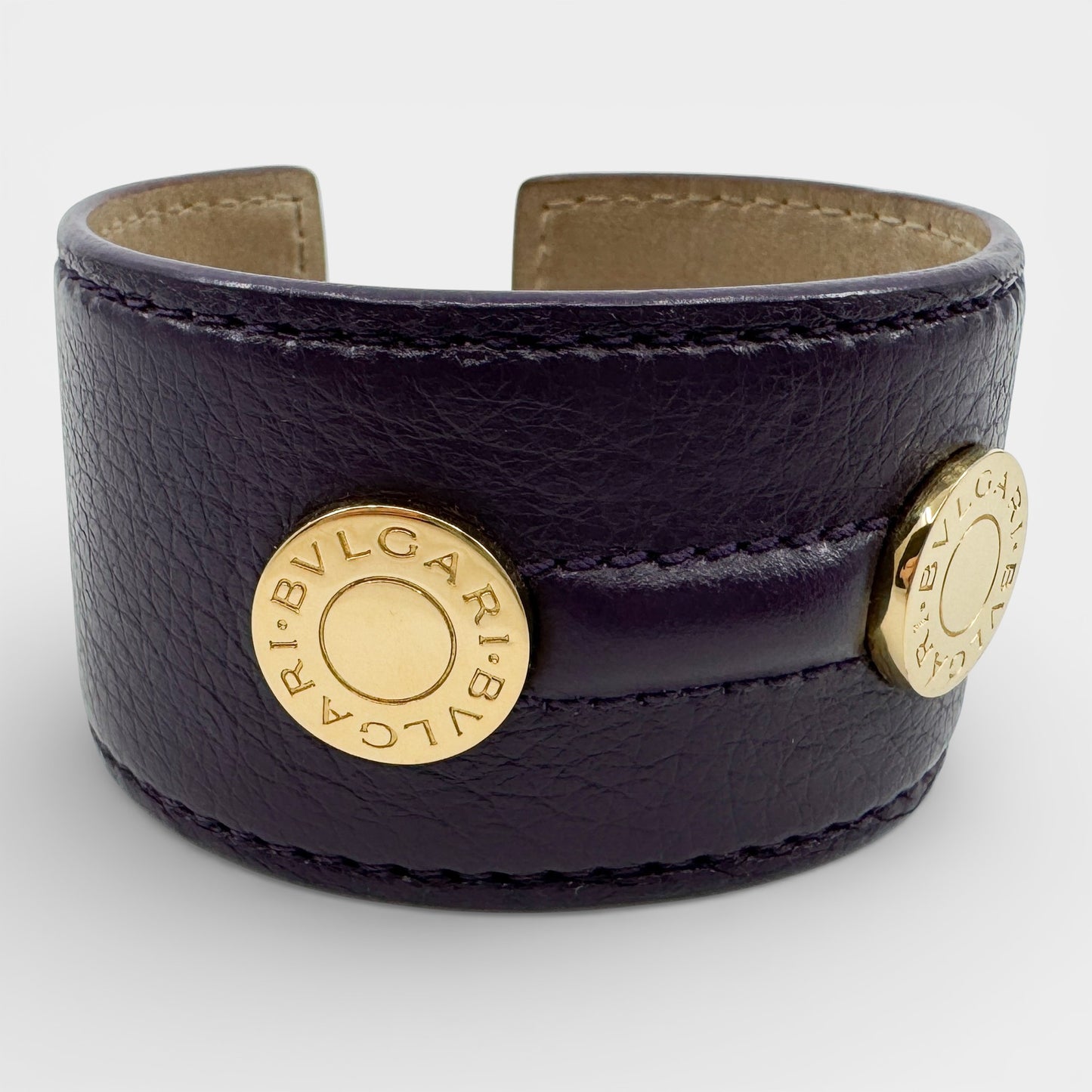 Bvlgari Italy Purple Leather & Goldtone Brass Cuff Bracelet