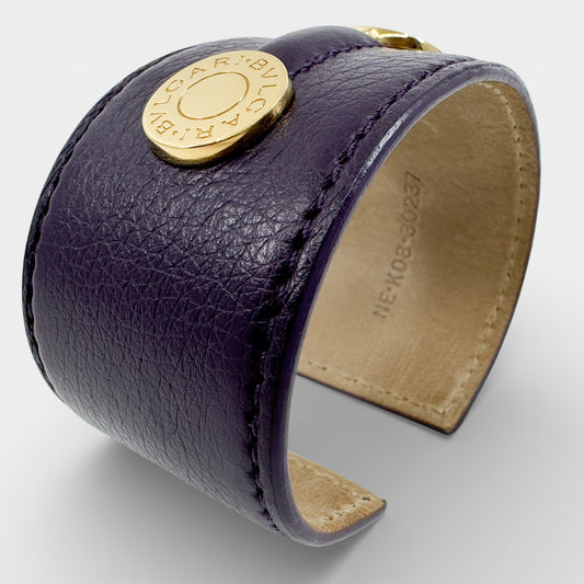 Bvlgari Italy Purple Leather & Goldtone Brass Cuff Bracelet