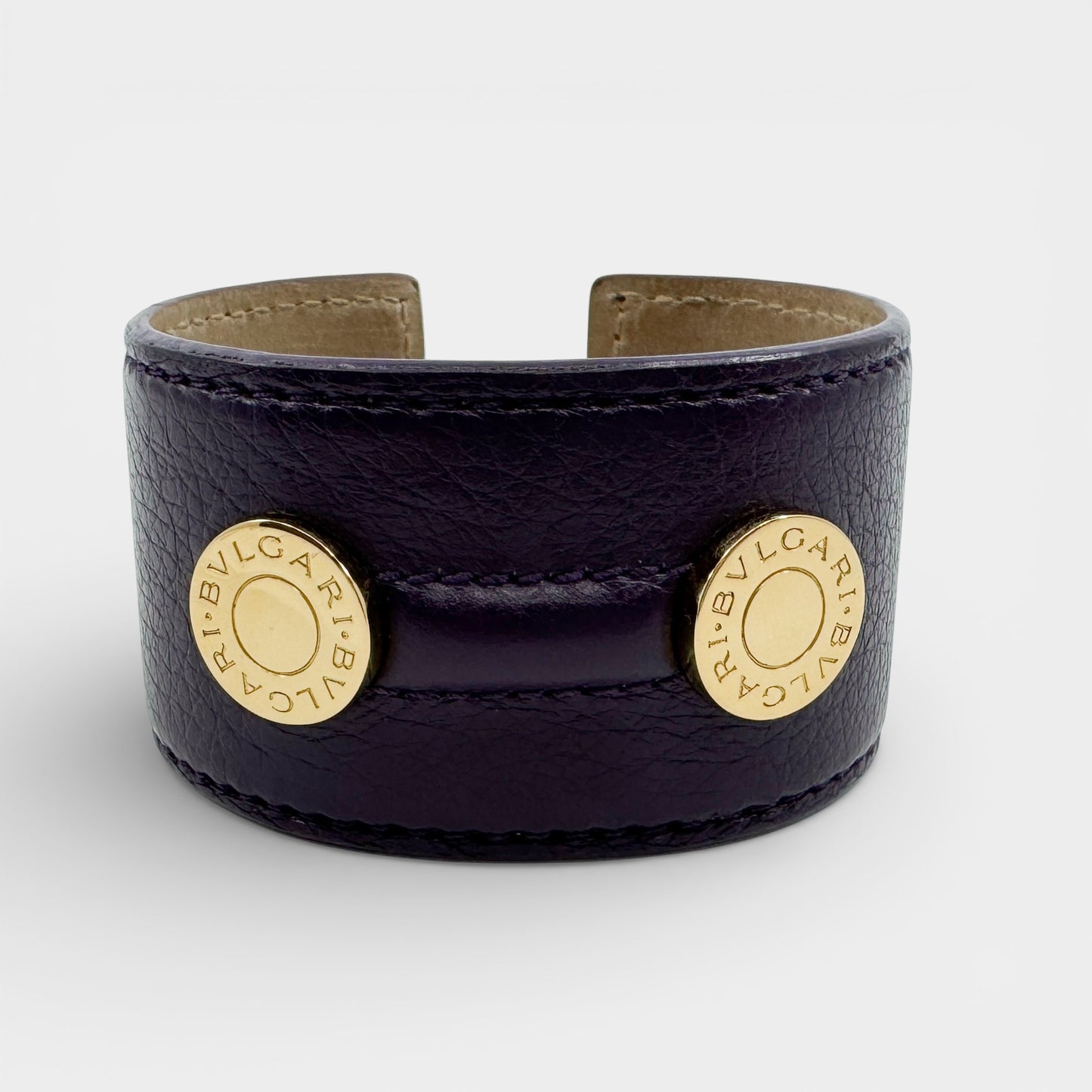 Bvlgari Italy Purple Leather & Goldtone Brass Cuff Bracelet