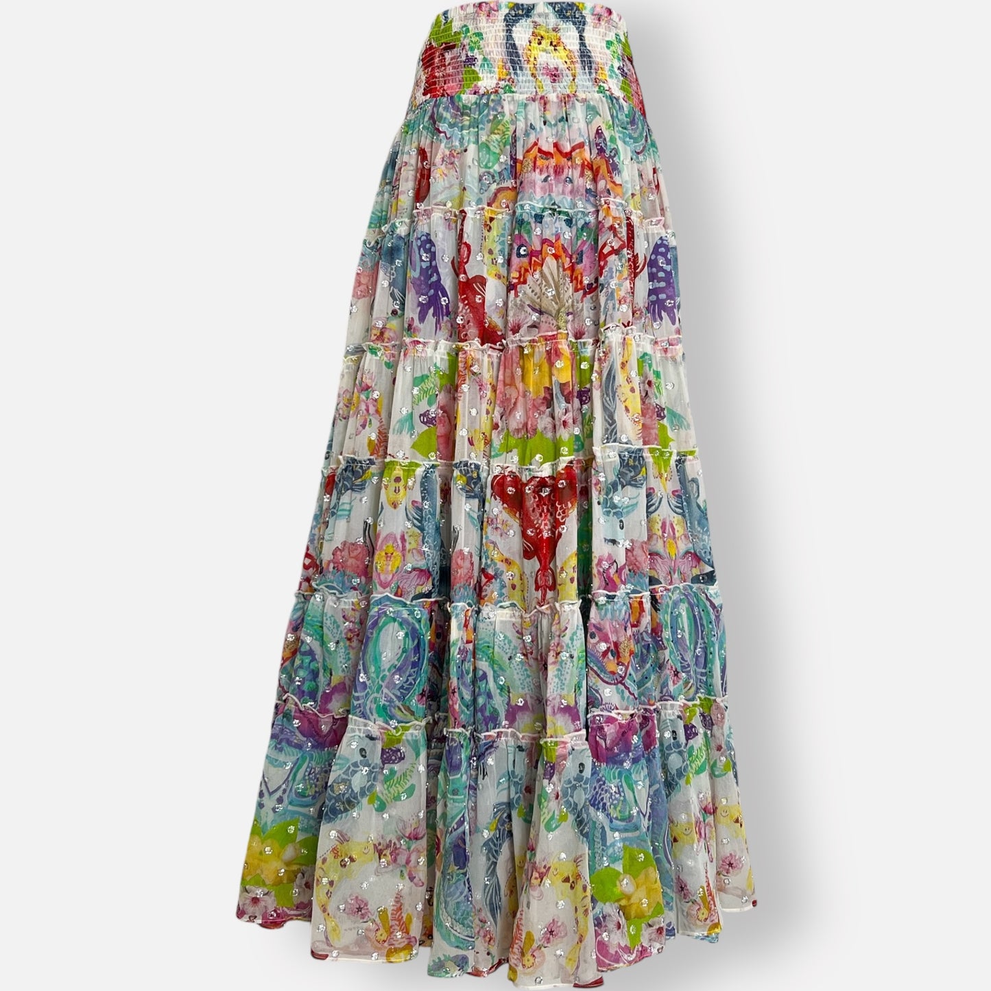 Camilla 'Dragon Divinity' Multicoloured Silk Tiered Circle Skirt Large ~ AU12-14 [NEW]