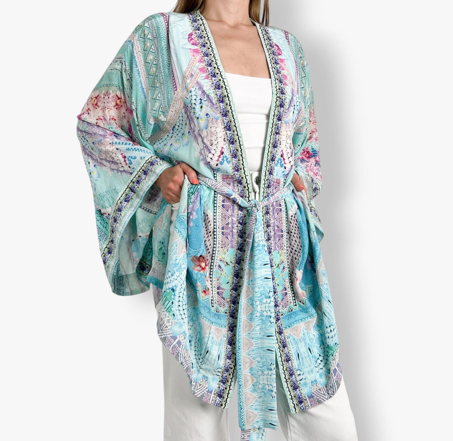 Camilla 'Garden State' Turquoise & Pink Kimono Jacket One Size ~ AU10 ~ 12 ~ 14 ~ 16