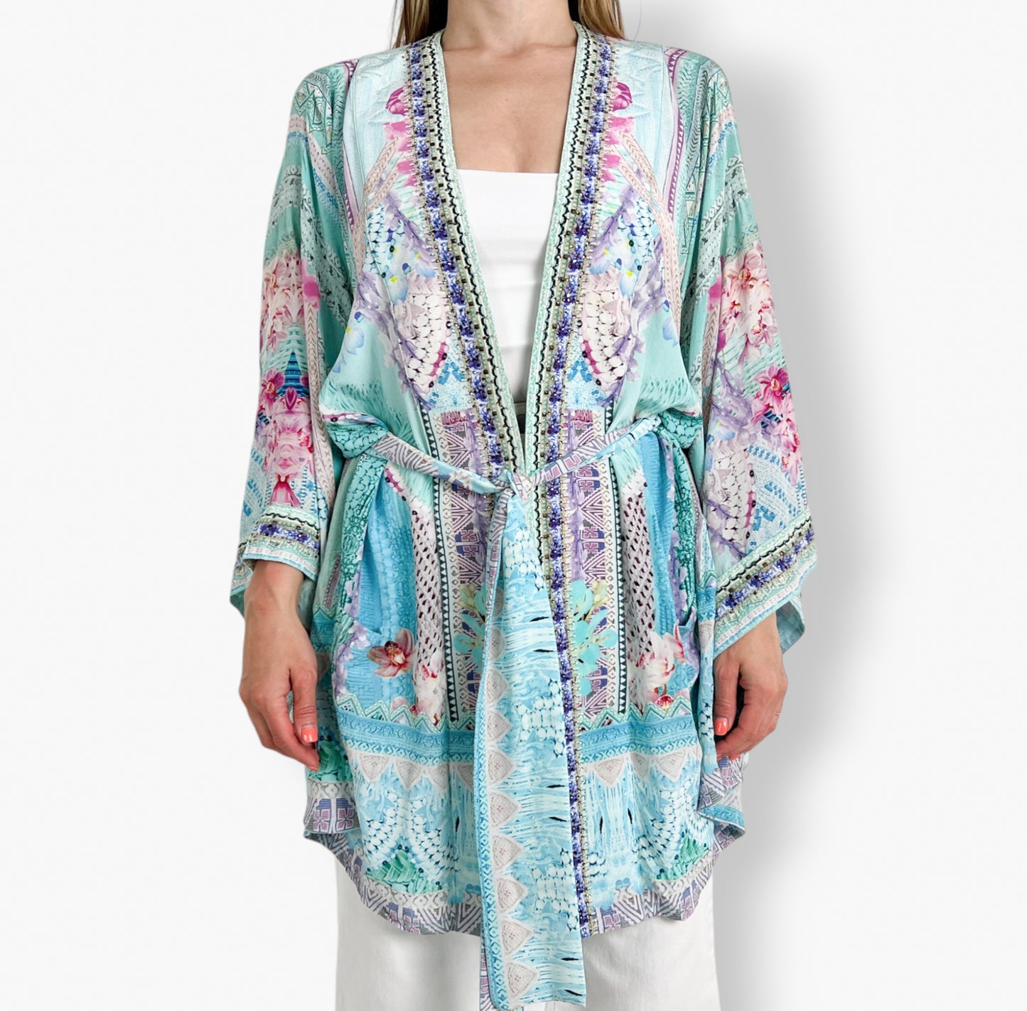 Camilla 'Garden State' Turquoise & Pink Kimono Jacket One Size ~ AU10 ~ 12 ~ 14 ~ 16