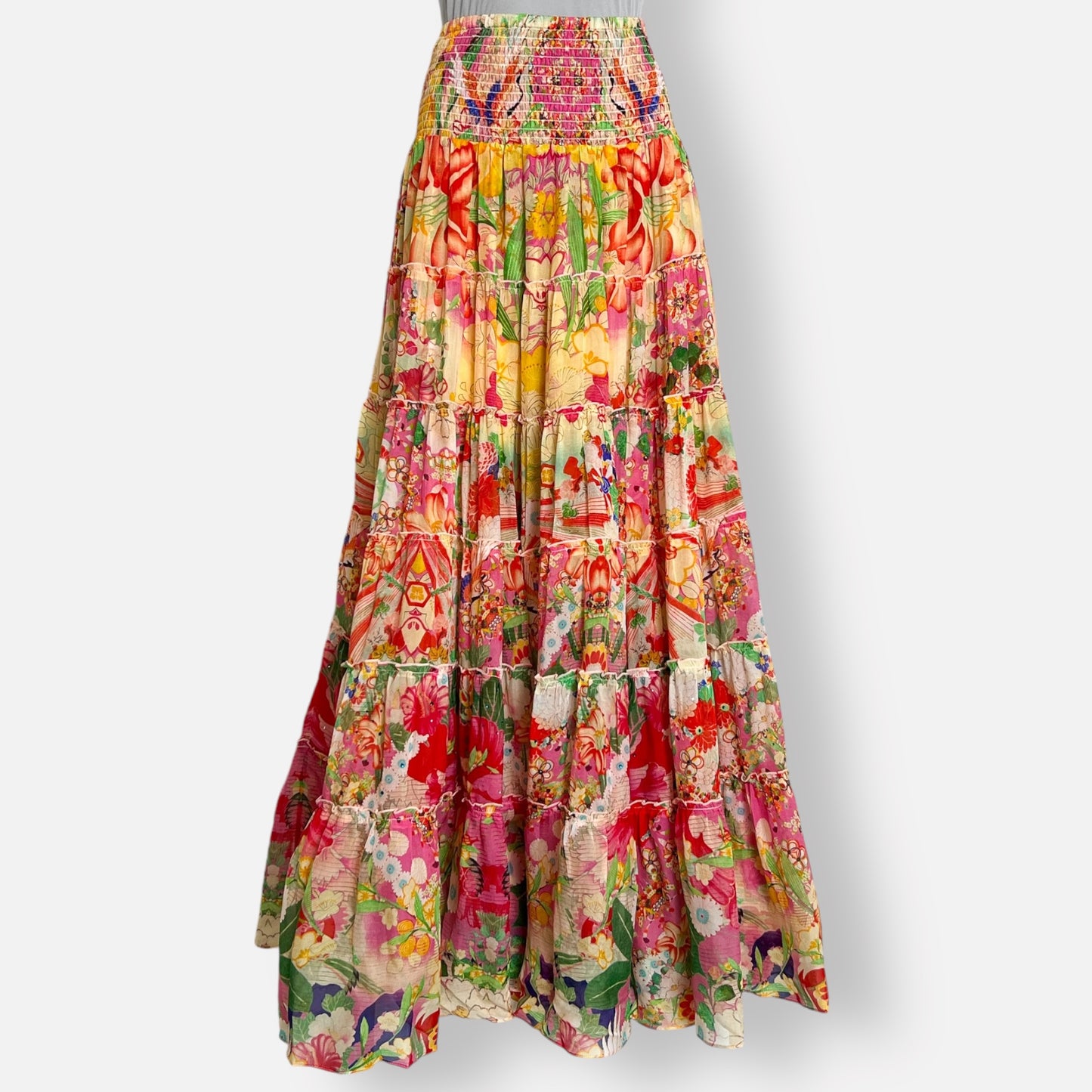 Camilla 'Kimono Kisses' Pink & Yellow Silk Tiered Circle Skirt Large ~ AU12-14 [NEW]