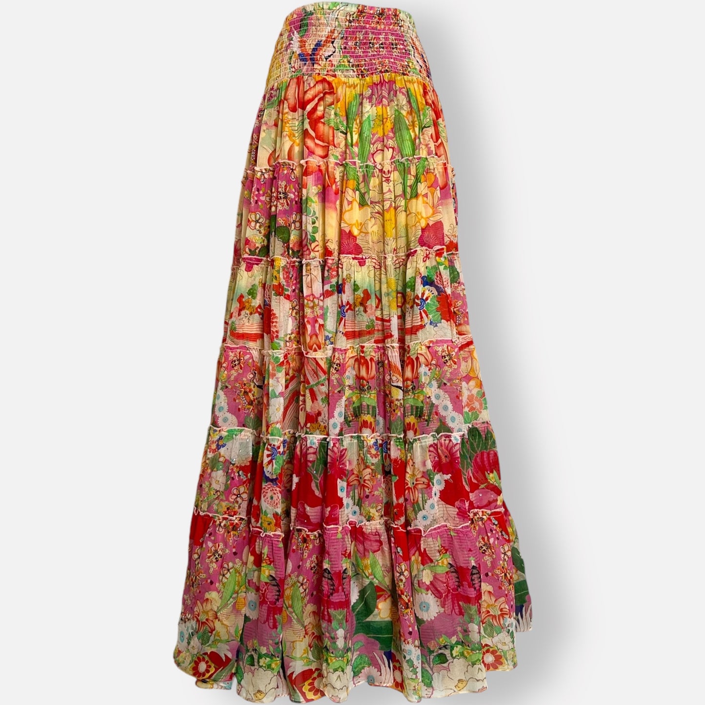 Camilla 'Kimono Kisses' Pink & Yellow Silk Tiered Circle Skirt Large ~ AU12-14 [NEW]