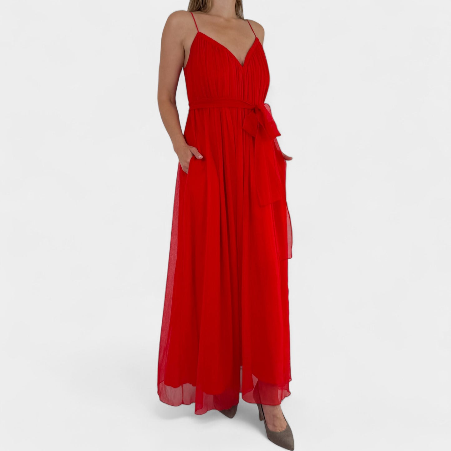 Camilla & Marc Bright Red Plunge Neck Belted Zando Dress AU10 ~ Medium