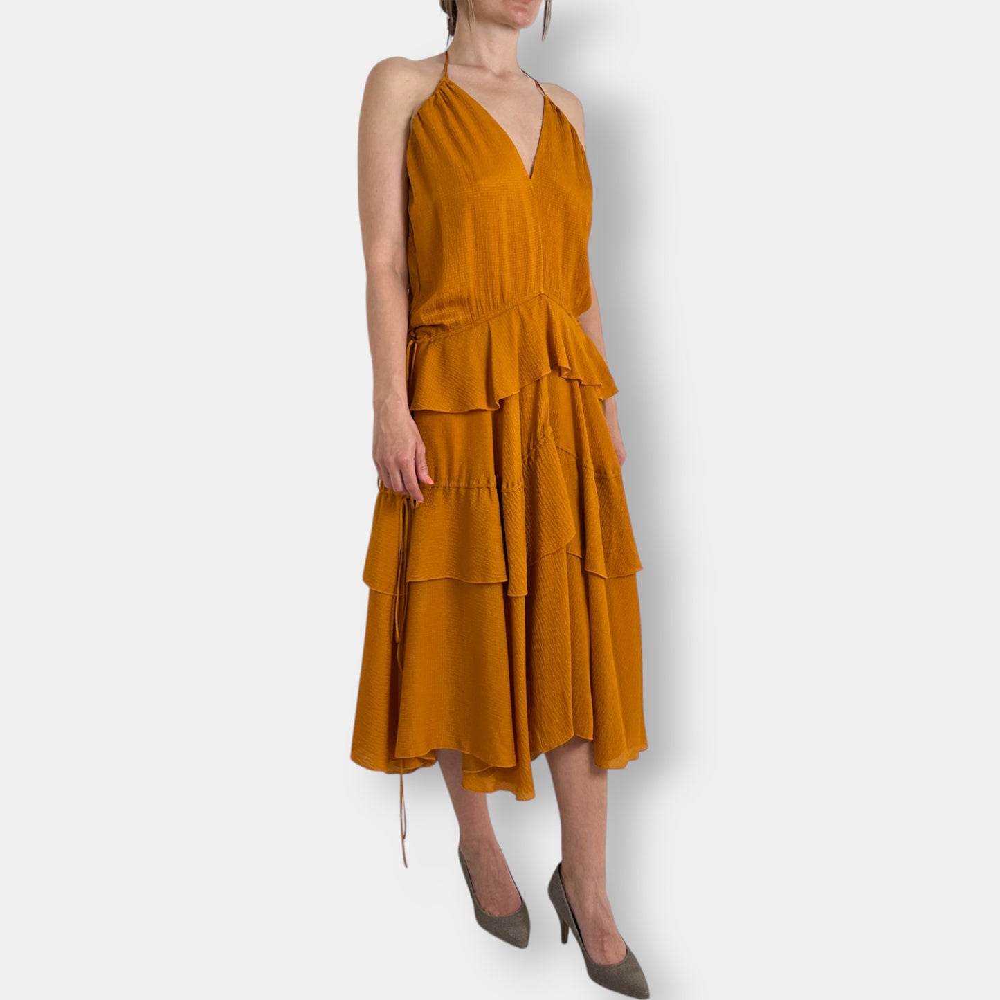 Camilla and Marc 'Frankie' V-Neck Yellow Ochre Silk Maxi Dress AU8