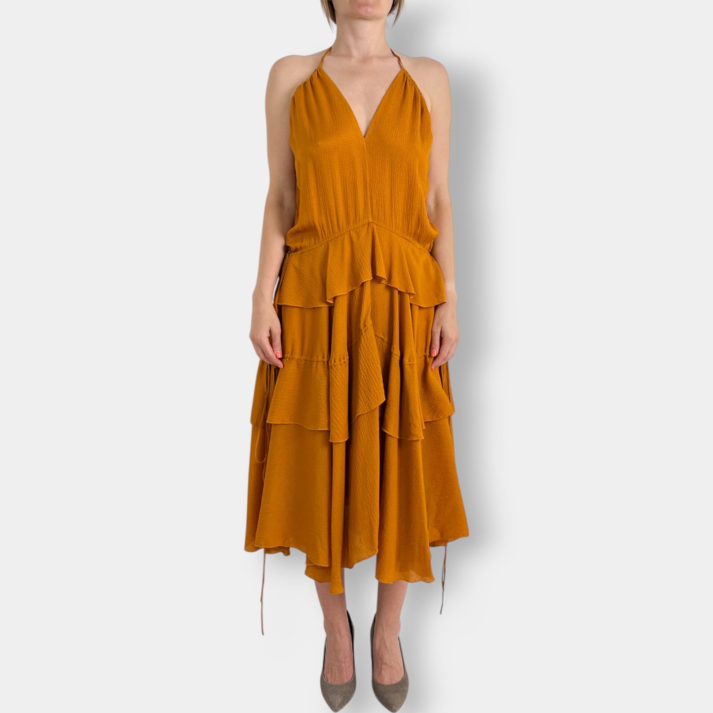 Camilla and Marc 'Frankie' V-Neck Yellow Ochre Silk Maxi Dress AU8