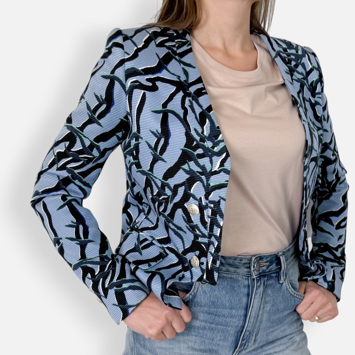 Camilla and Marc Blue Green Cropped Military Style Printed Jacket AU8 ~ Small
