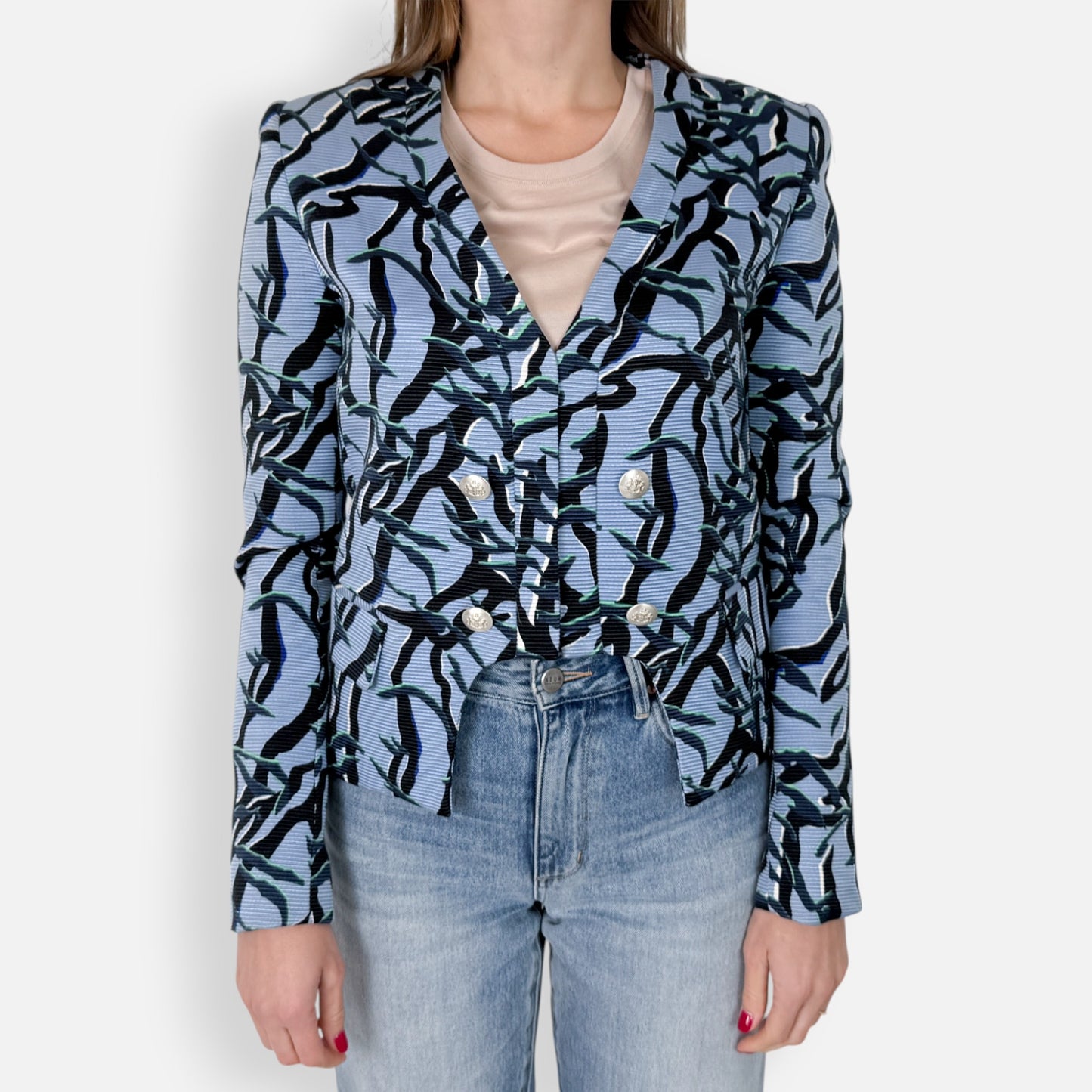 Camilla and Marc Blue Green Cropped Military Style Printed Jacket AU8 ~ Small