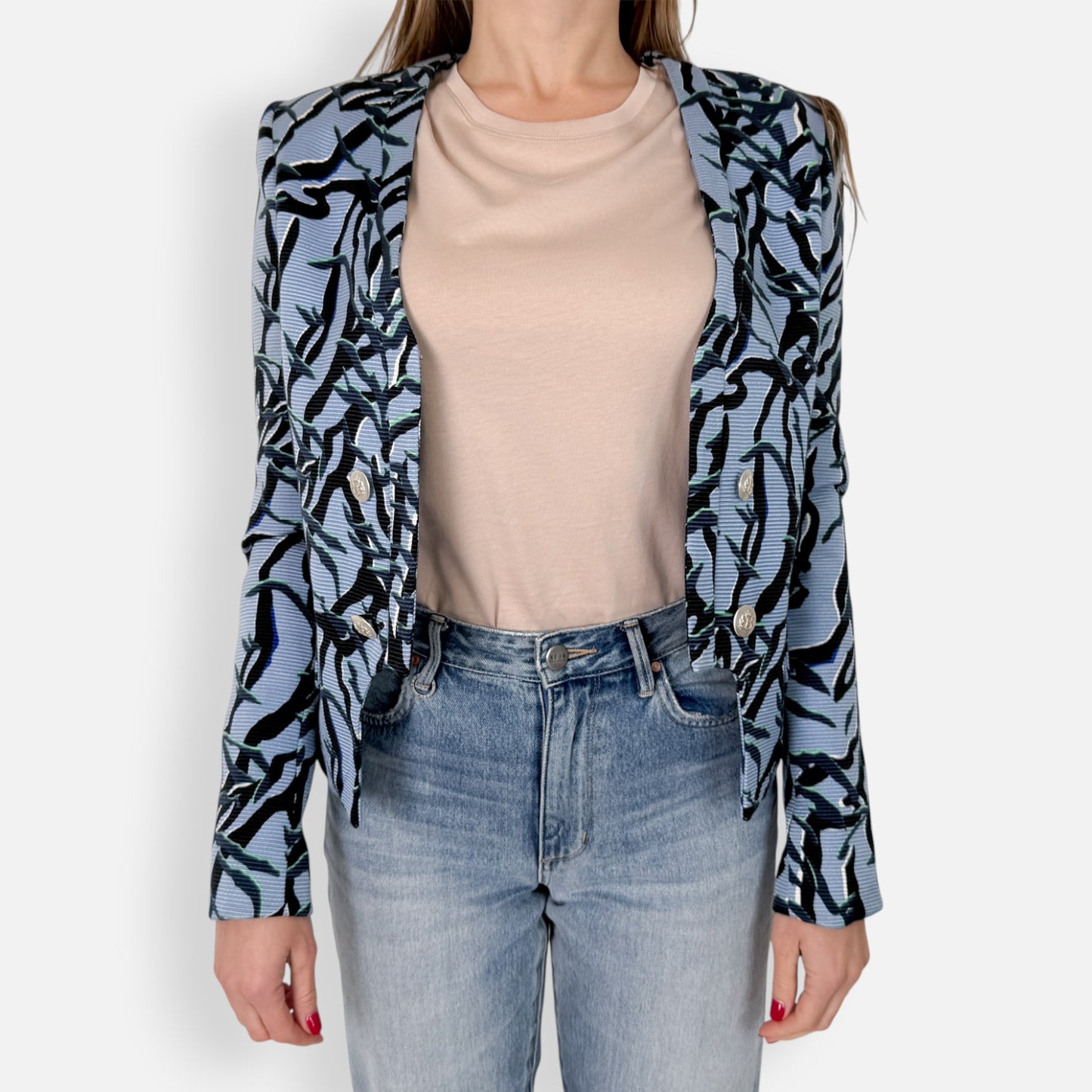 Camilla and Marc Blue Green Cropped Military Style Printed Jacket AU8 ~ Small