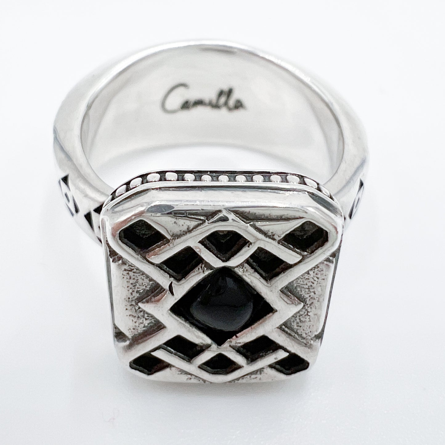 Camilla Silver Metal Square Engraved Gem Inset Ring