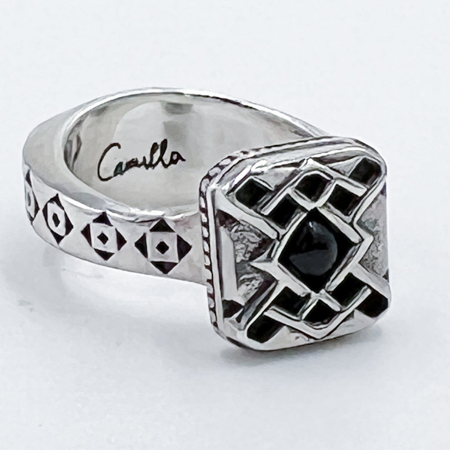 Camilla Silver Metal Square Engraved Gem Inset Ring