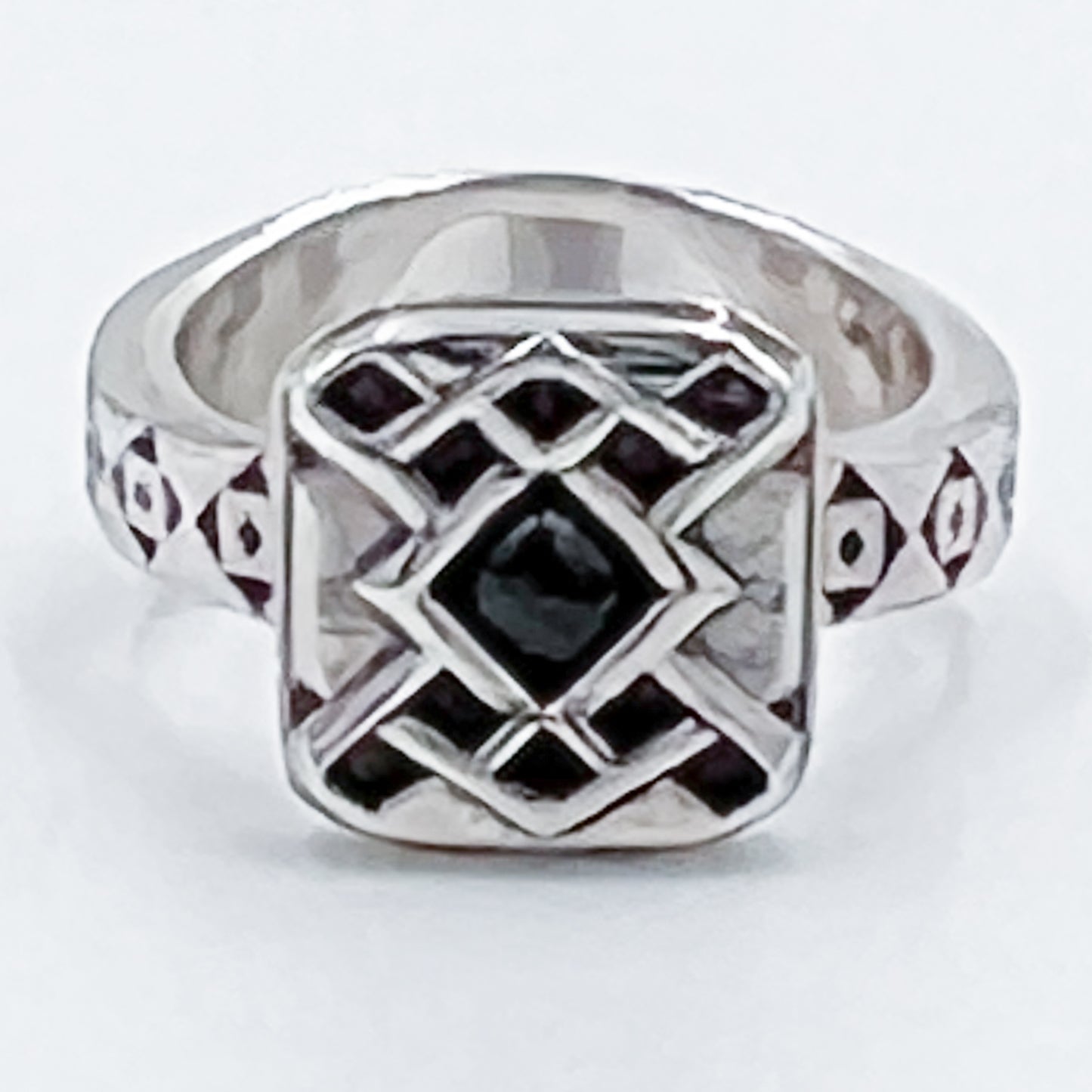 Camilla Silver Metal Square Engraved Gem Inset Ring