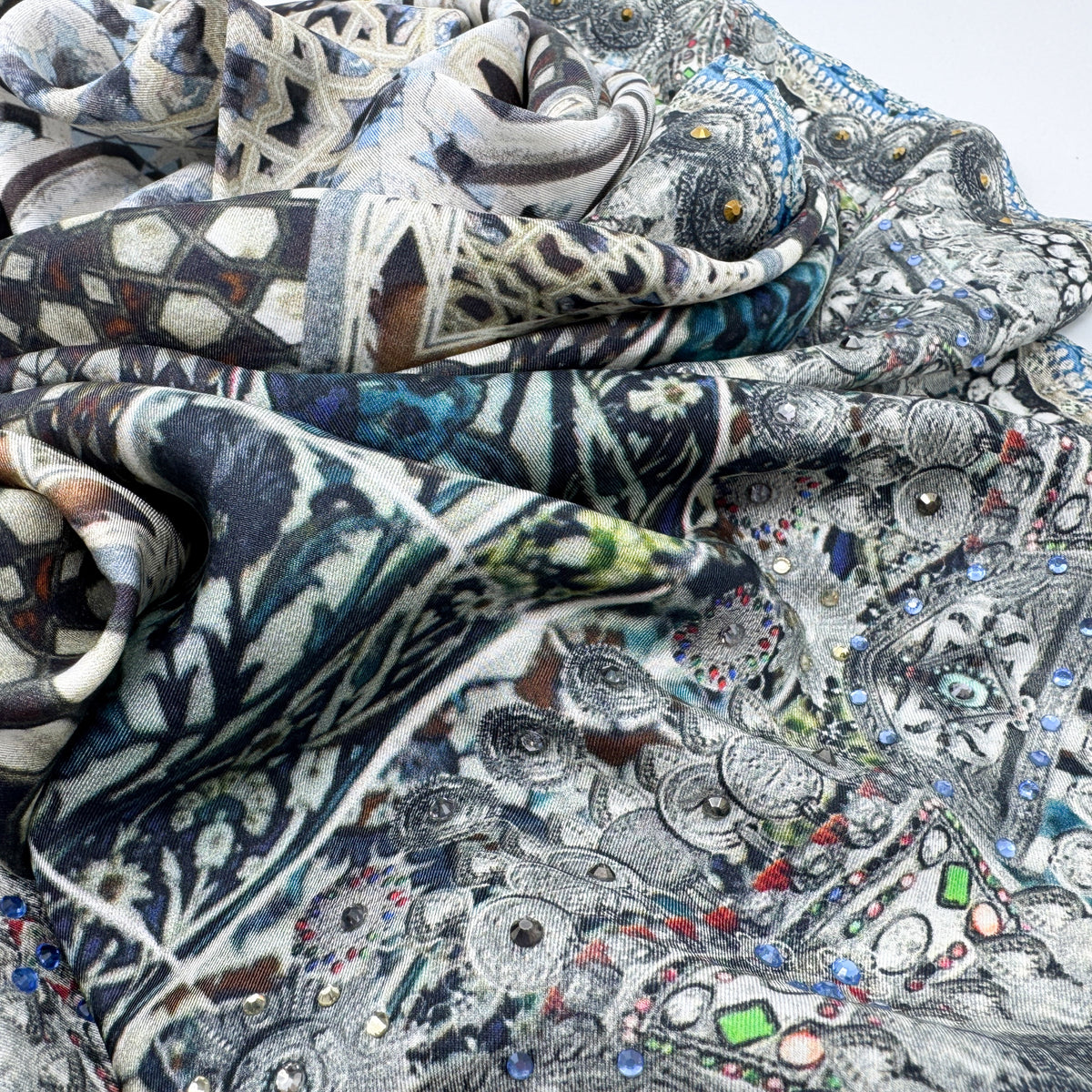 Camilla Geometric Grey Blue Tribal Print Square Large Silk Scarf