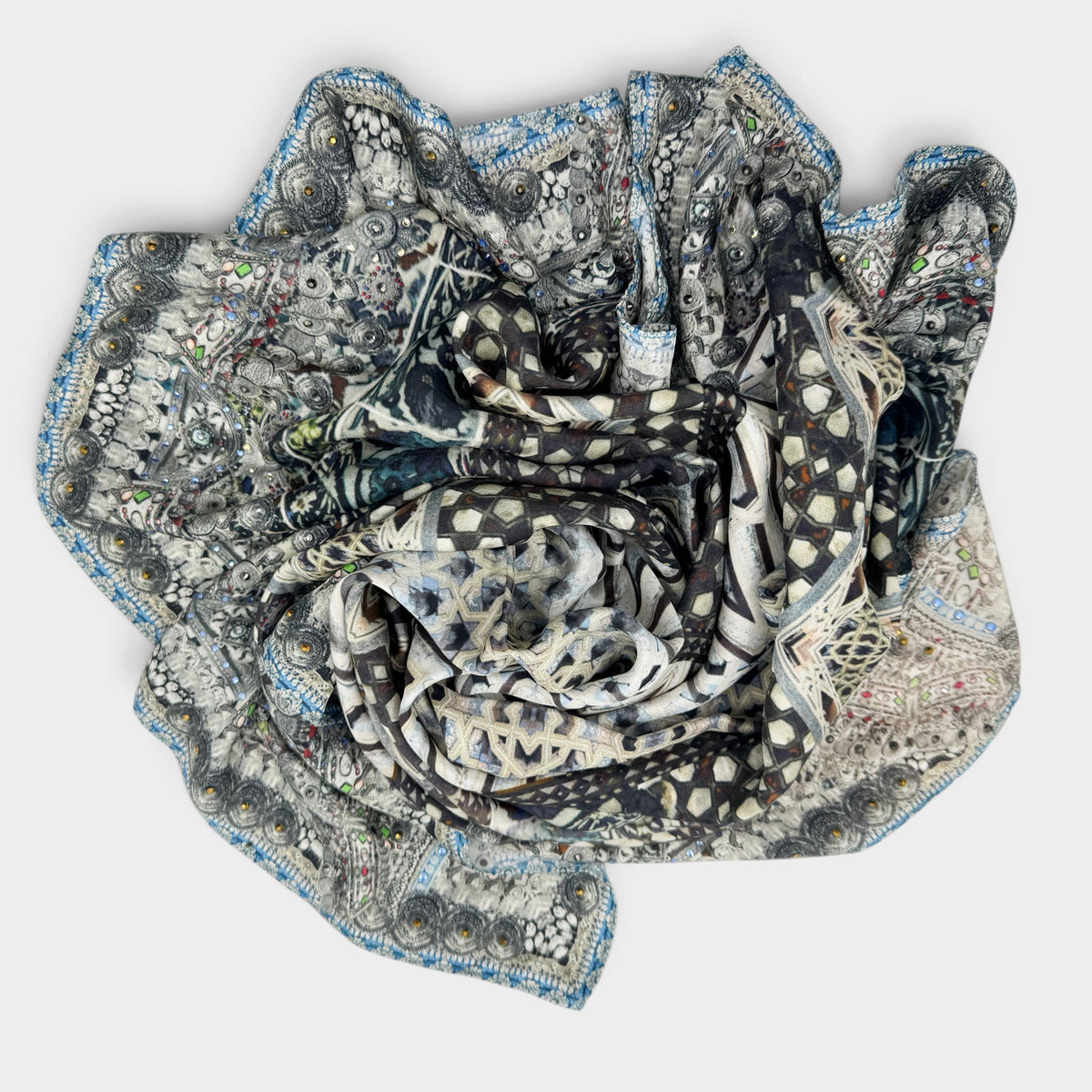 Camilla Geometric Grey Blue Tribal Print Square Large Silk Scarf
