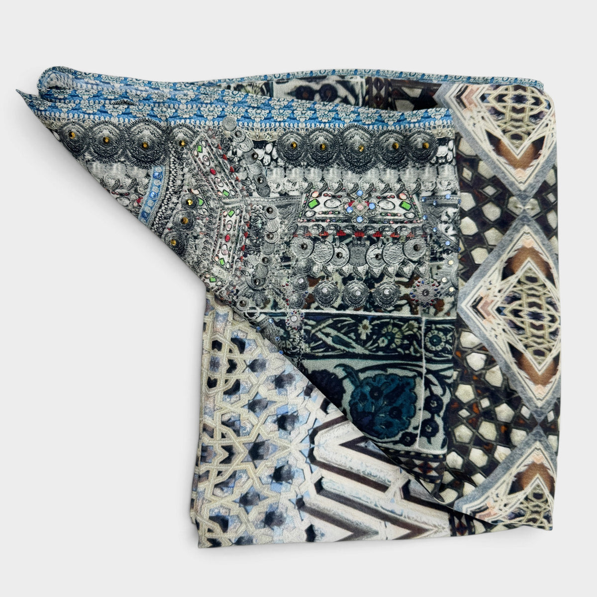 Camilla Geometric Grey Blue Tribal Print Square Large Silk Scarf