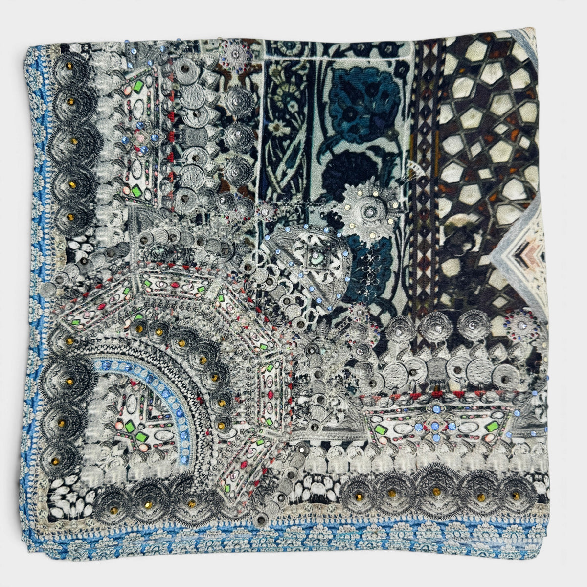 Camilla Geometric Grey Blue Tribal Print Square Large Silk Scarf