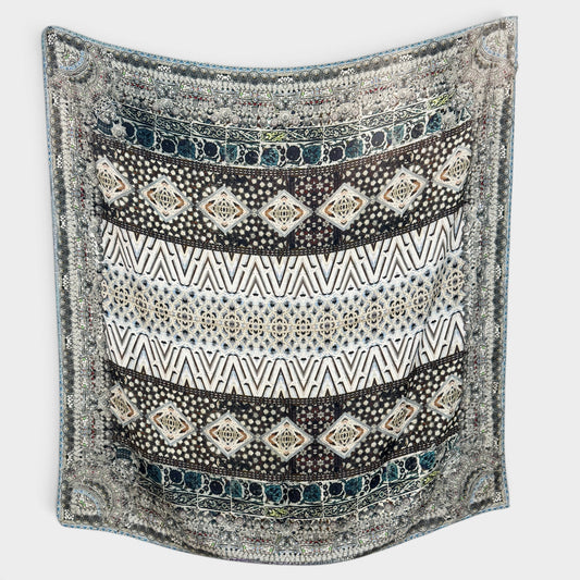 Camilla Geometric Grey Blue Tribal Print Square Large Silk Scarf