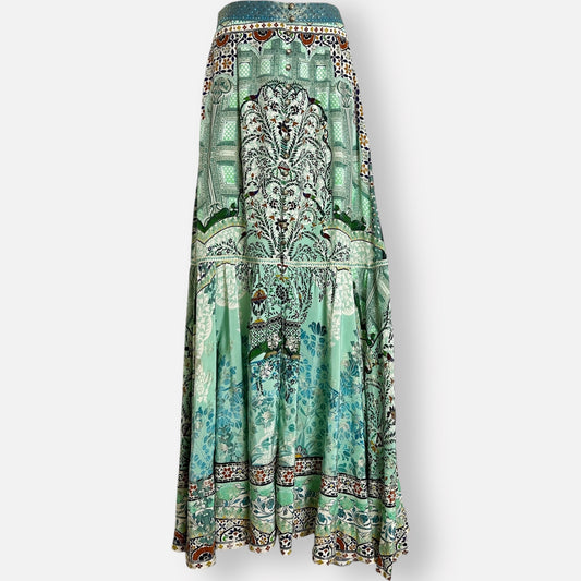 Camilla 'The Spirit Within' Green Silk Peasant Maxi Skirt Medium ~ AU10-12 [NEW]