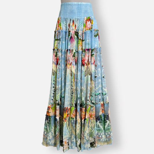 Camilla 'The Still Abyss' Blue Silk Tiered Gathered Skirt Extra Large ~ AU16  [NEW]