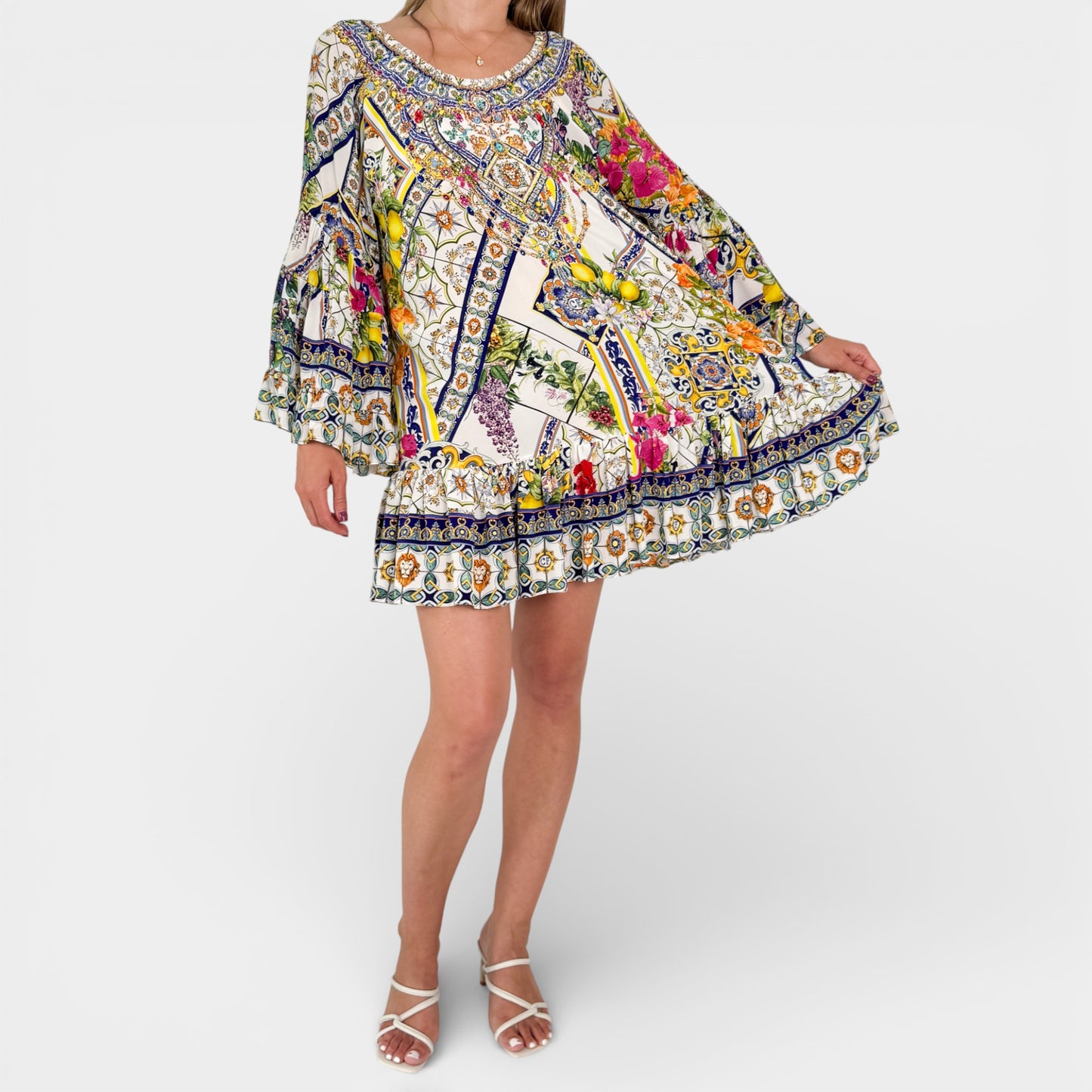 Camilla Multicoloured Silk Amalfi Amore A-Line Frill Dress Small ~ AU8-10-12