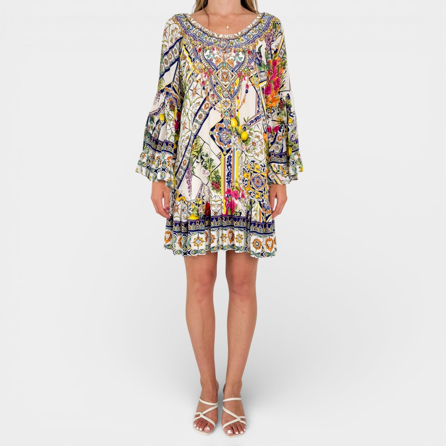 Camilla Multicoloured Silk Amalfi Amore A-Line Frill Dress Small ~ AU8-10-12