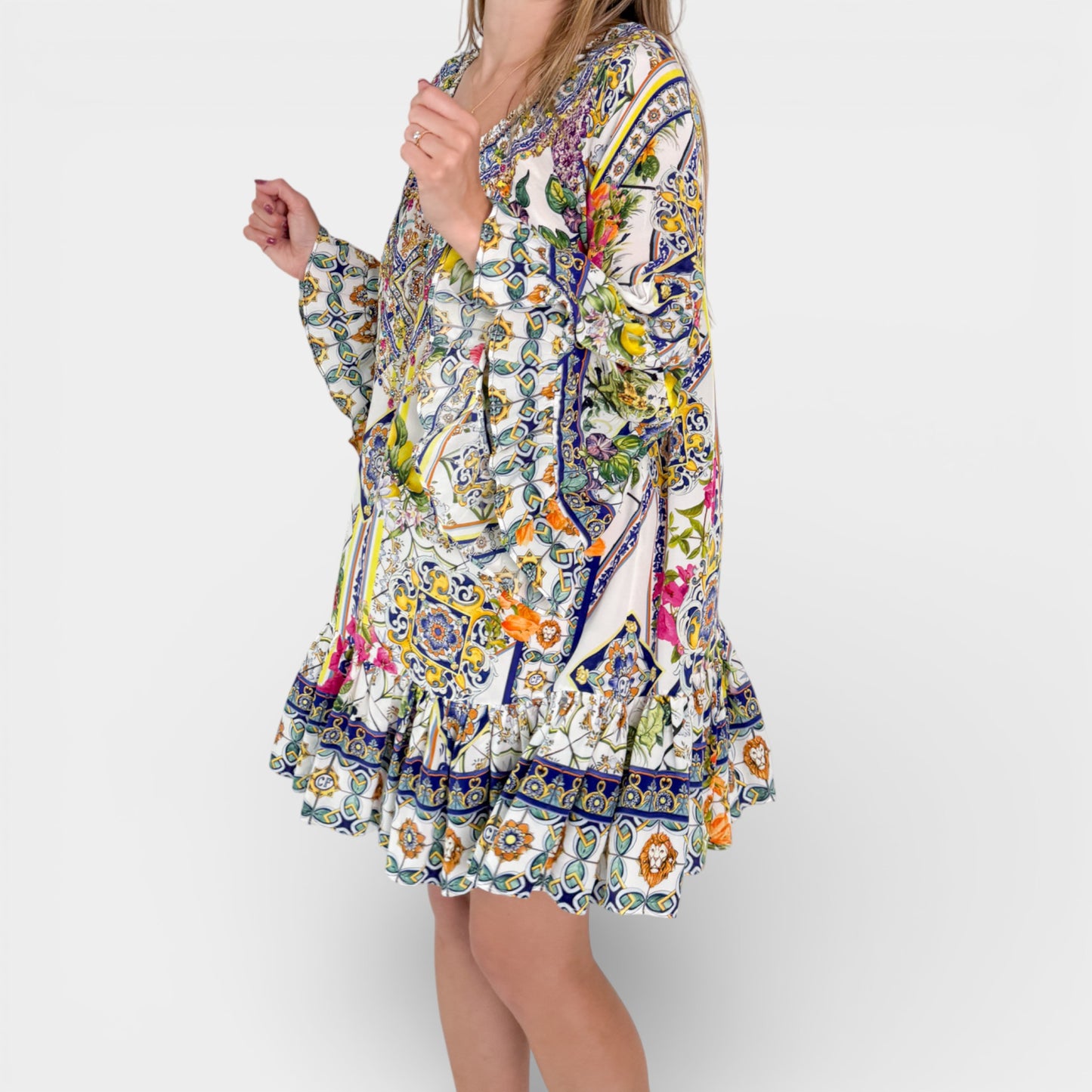 Camilla Multicoloured Silk Amalfi Amore A-Line Frill Dress Small ~ AU8-10-12