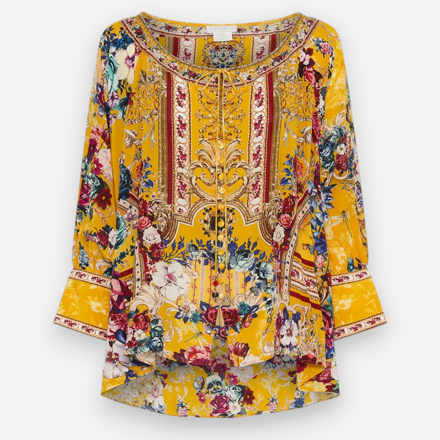 Camilla Yellow Crowned Roses Long Sleeve Tie-Neck Floral Silk Top One Size ~ AU10-12-14