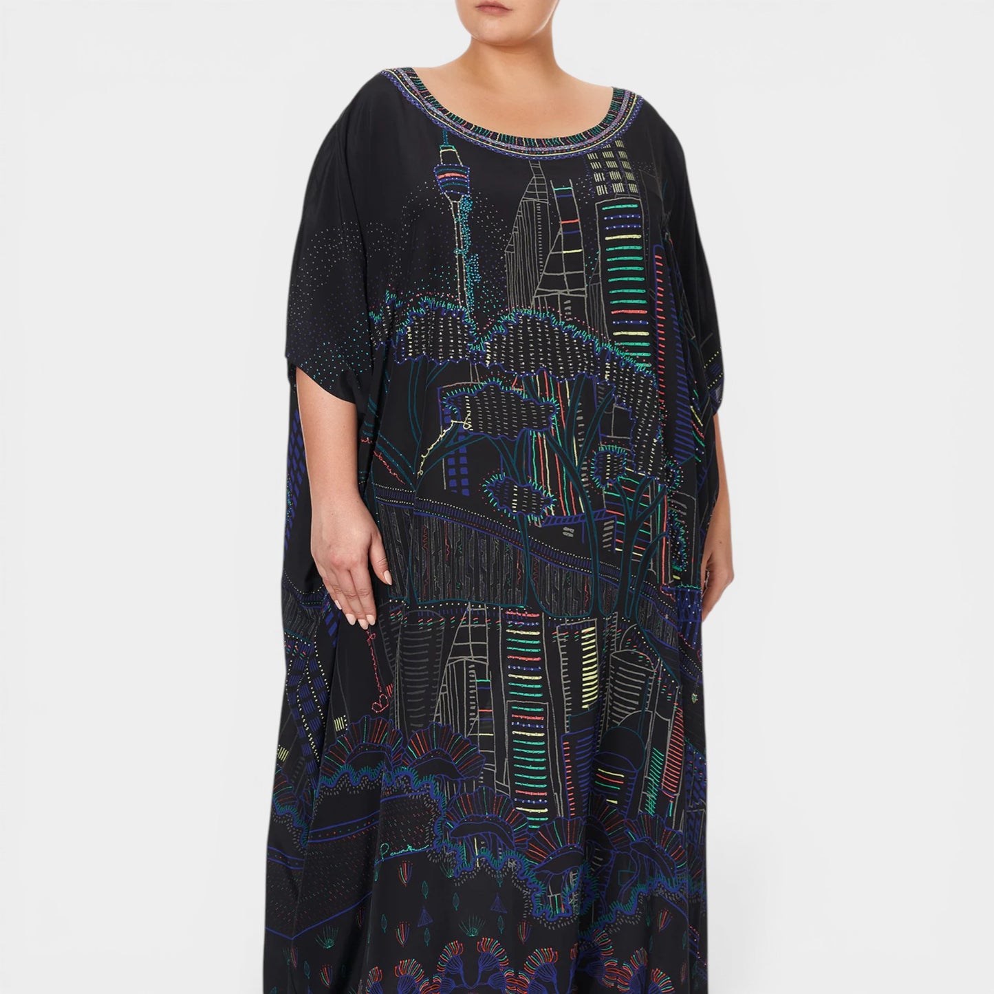 Camilla Nocturnal Neons Sydney Print Round Neck Silk Kaftan Dress One Size