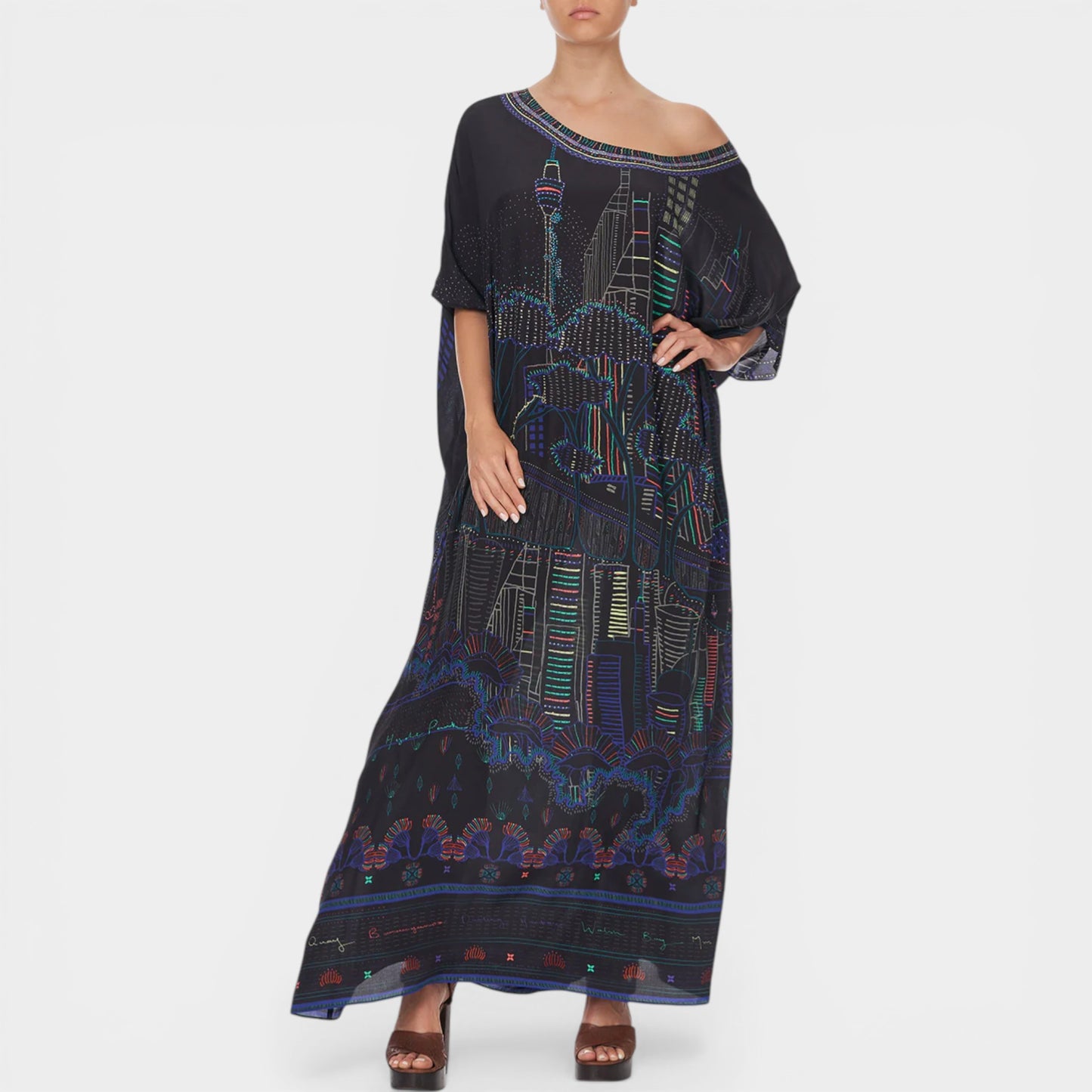 Camilla Nocturnal Neons Sydney Print Round Neck Silk Kaftan Dress One Size