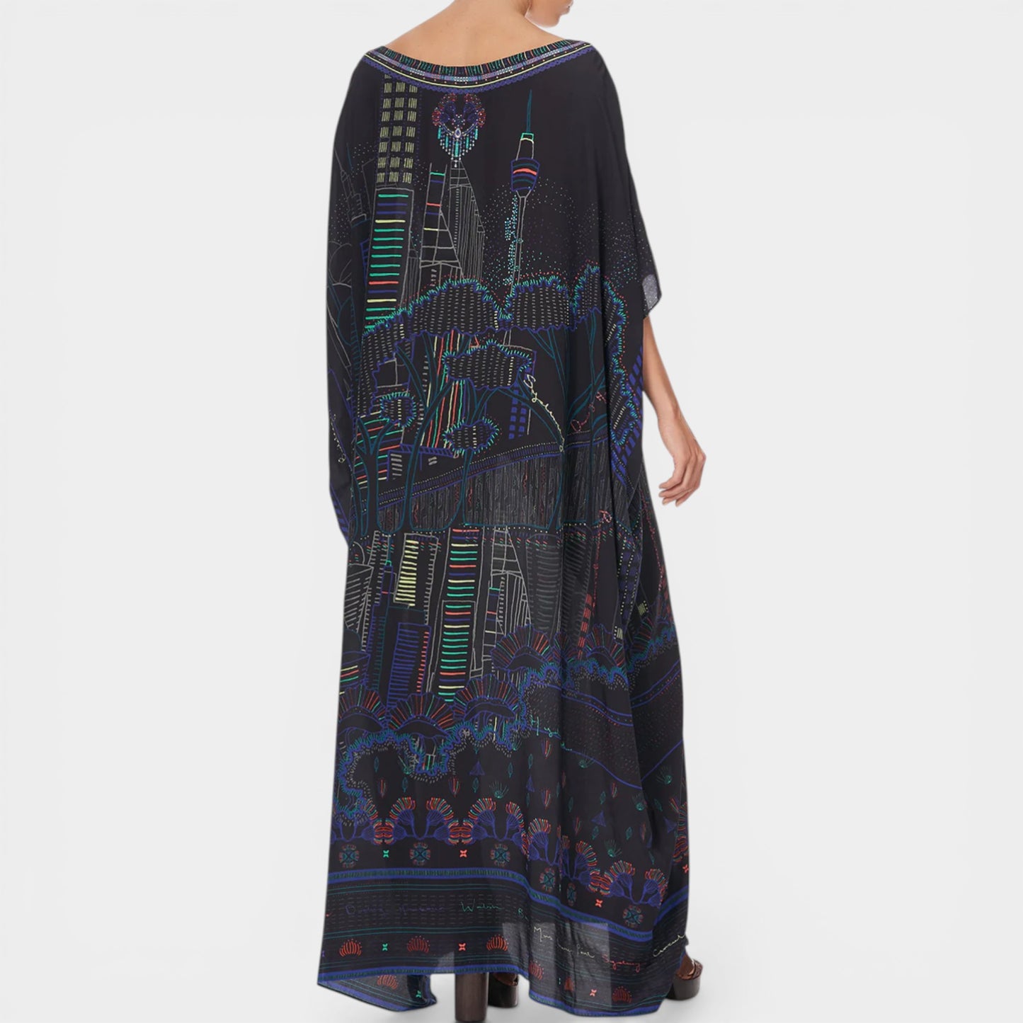 Camilla Nocturnal Neons Sydney Print Round Neck Silk Kaftan Dress One Size