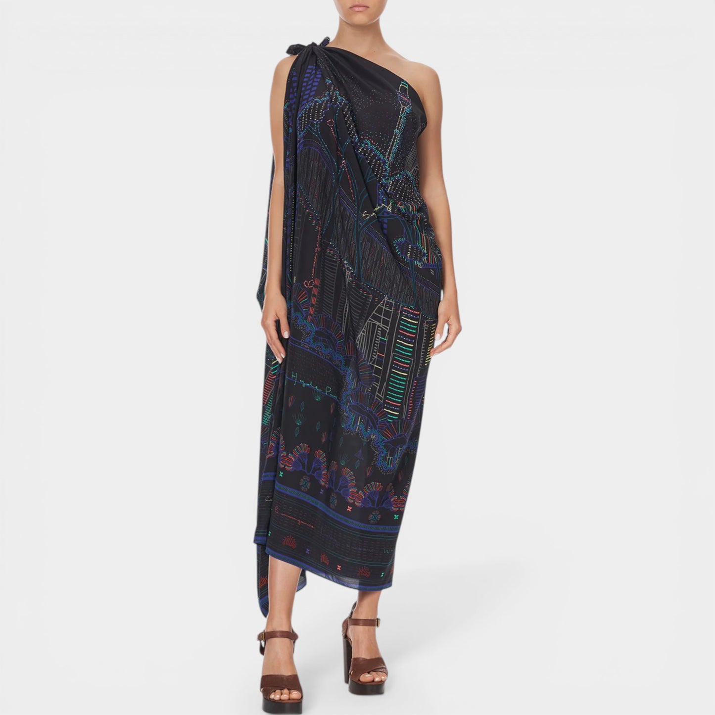 Camilla Nocturnal Neons Sydney Print Round Neck Silk Kaftan Dress One Size