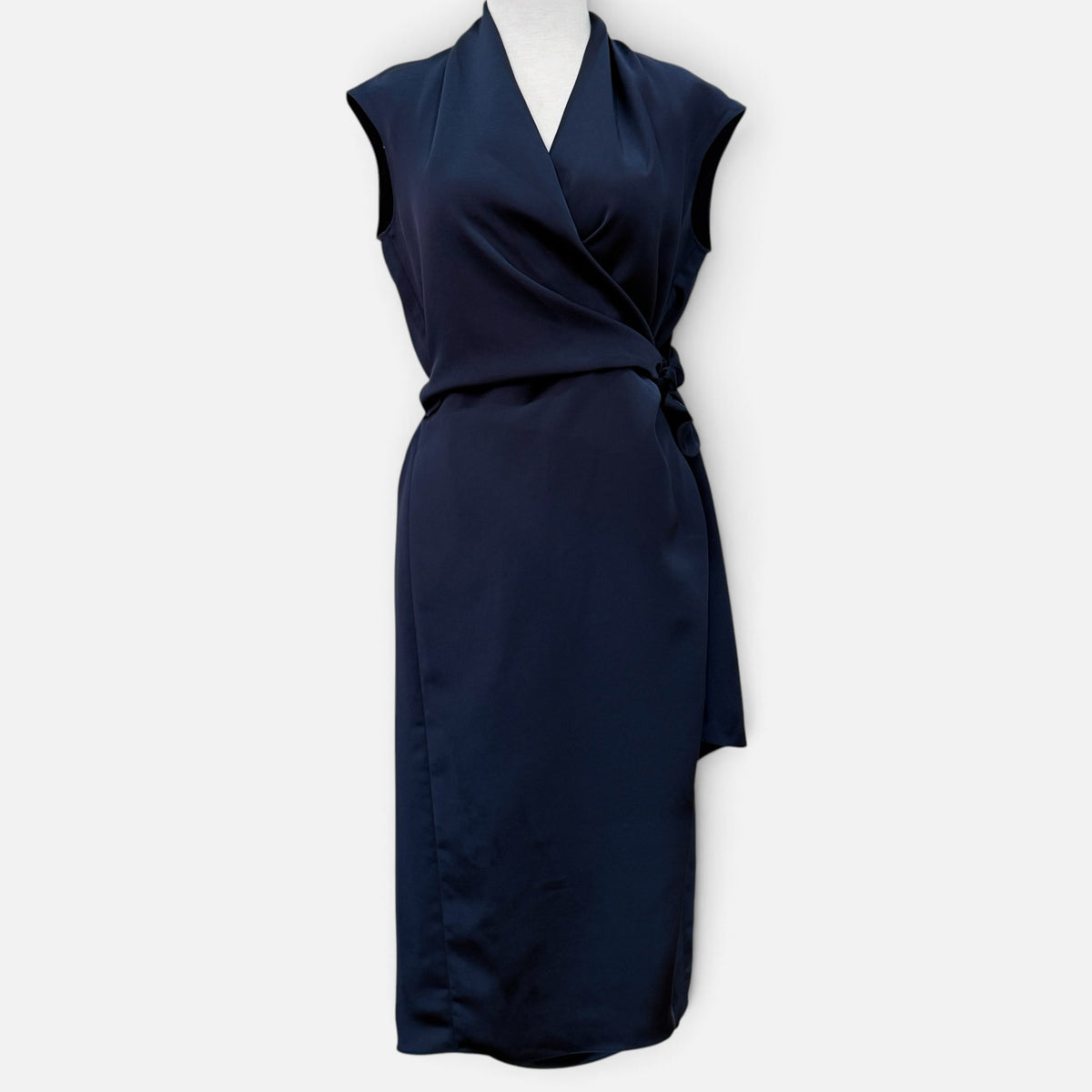 Carla Zampatti Midnight Navy Satin Wrap Dress AU8 ~ Small [NEW]