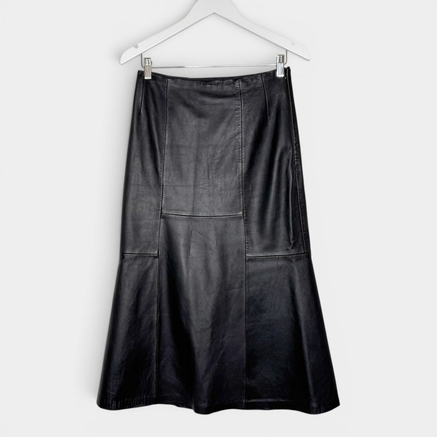 Cefinn Lucille Black Fluted Leather Midi Skirt AU10 [NEW]