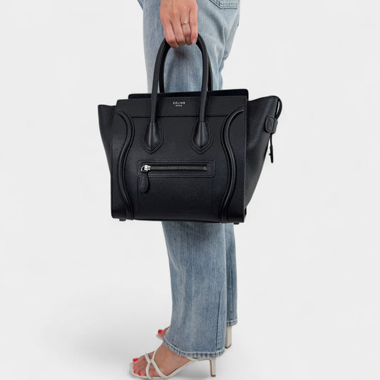 Celine Paris Black Grainy Leather Mini (Medium) Luggage Tote Bag