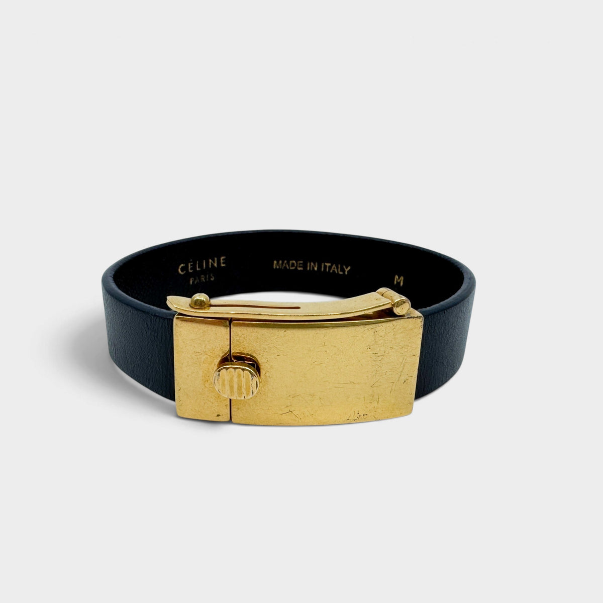 Celine Phoebe Philo Minimal Navy Leather Gold Brass Slide Lock Cuff Bracelet M