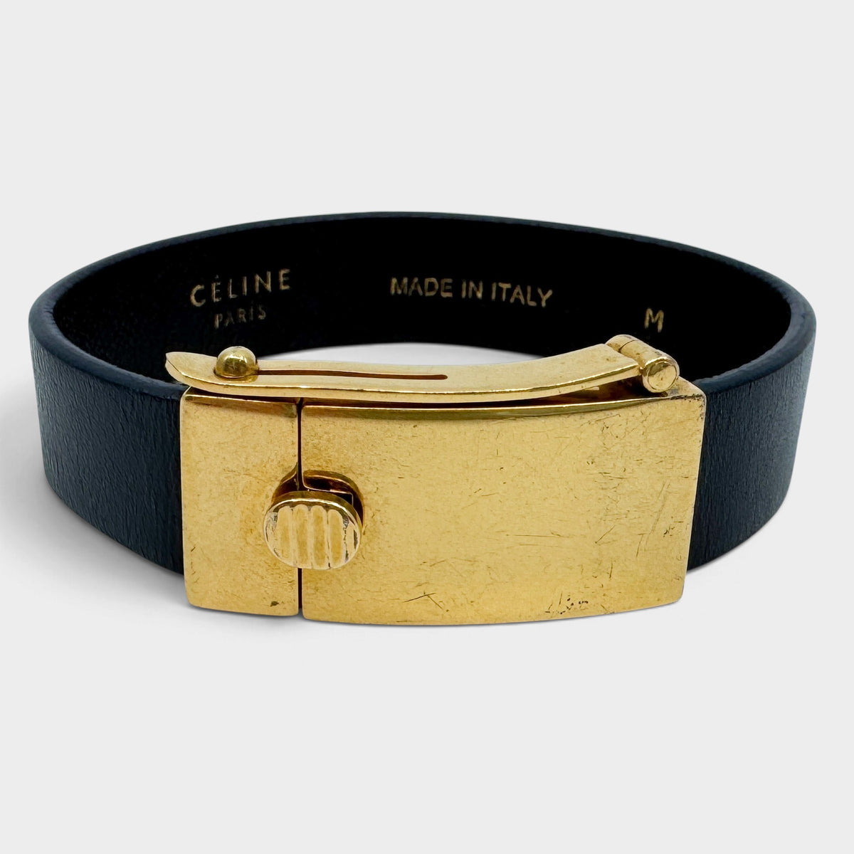 Celine Phoebe Philo Minimal Navy Leather Gold Brass Slide Lock Cuff Bracelet M
